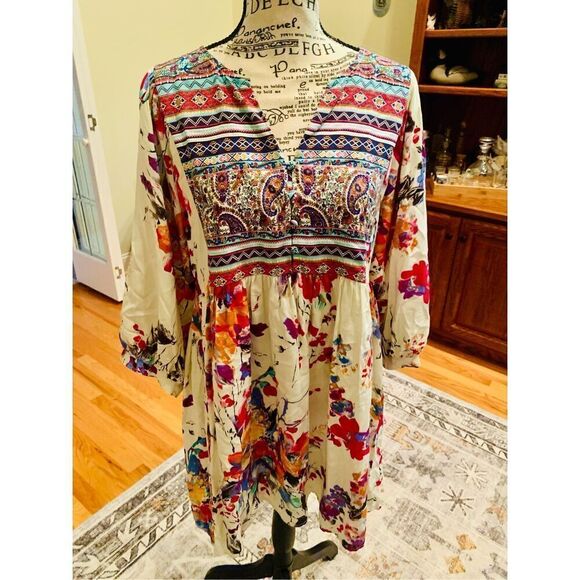 Umgee (Size M) Multicolor Floral Boho Mini Half Sleeve Trapeze Swing Dress - Picture 7 of 11